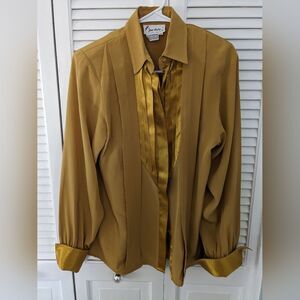 Jac Dale Vtg Blouse Womens sz 4 Mustard Yellow Silky Cuff Pleated Retro Glam 90s